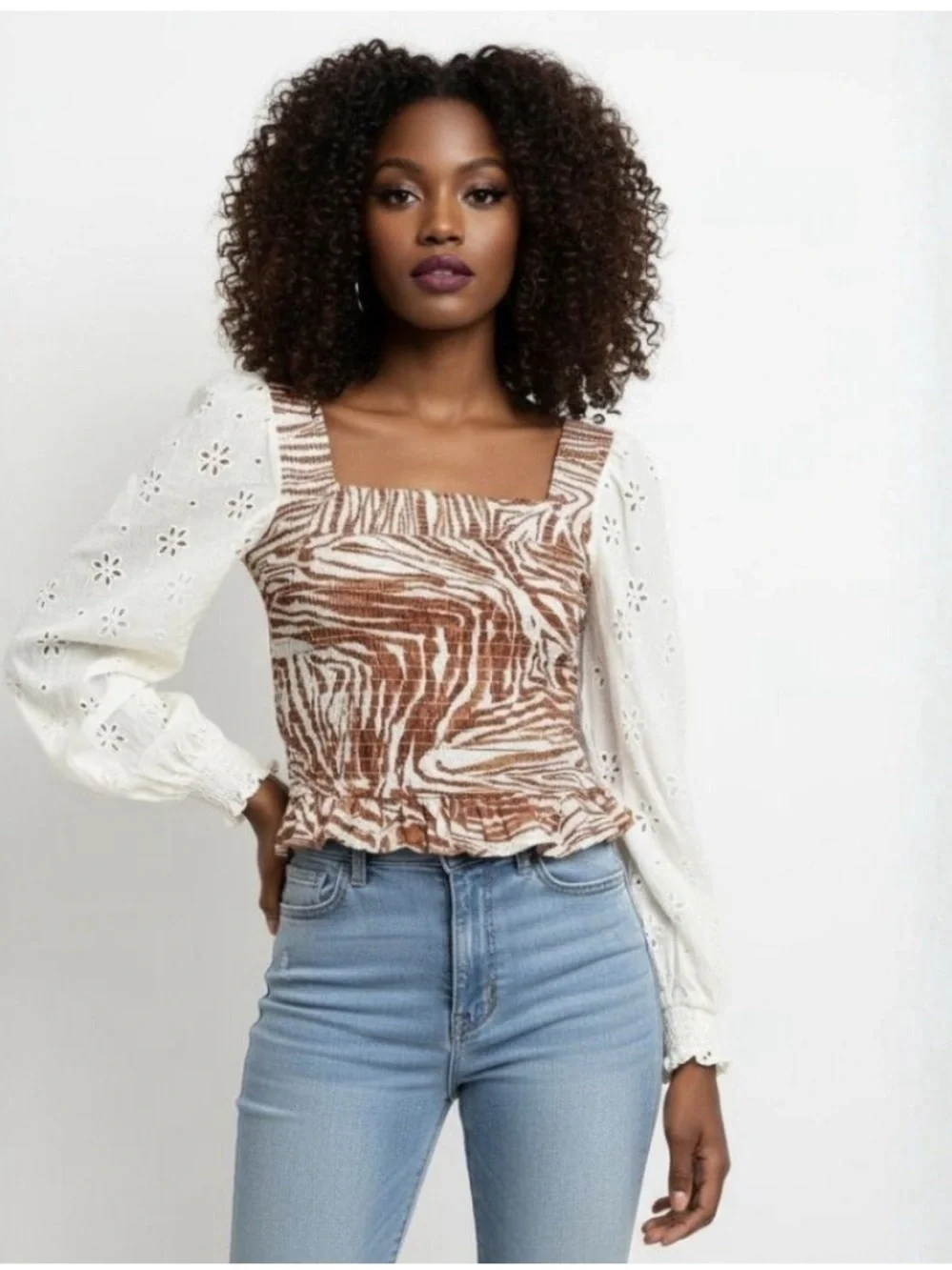 Anthropologie Love the Label Zebra Smocked Puff Sleeve Blouse - Medium